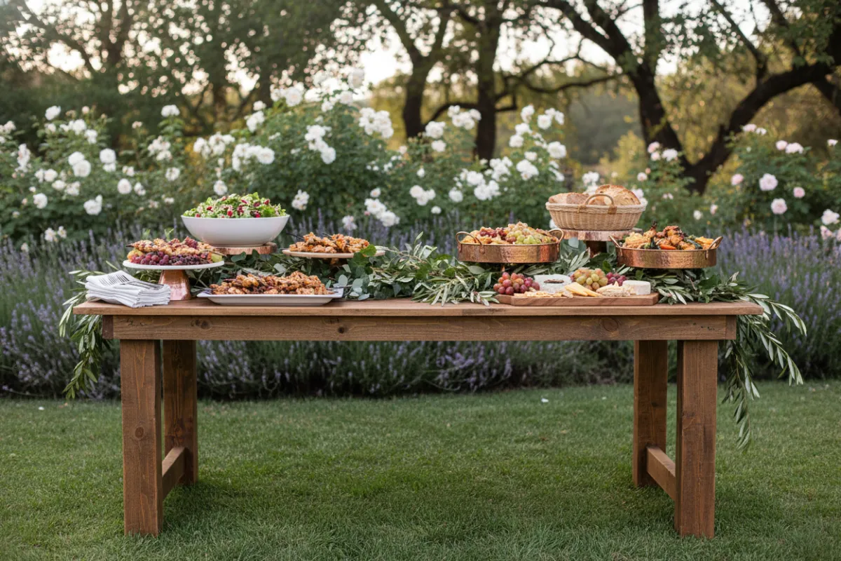 A rectangular farmhouse-style wooden table with a rustic finish, set up for a buffet in a lush garden setting.