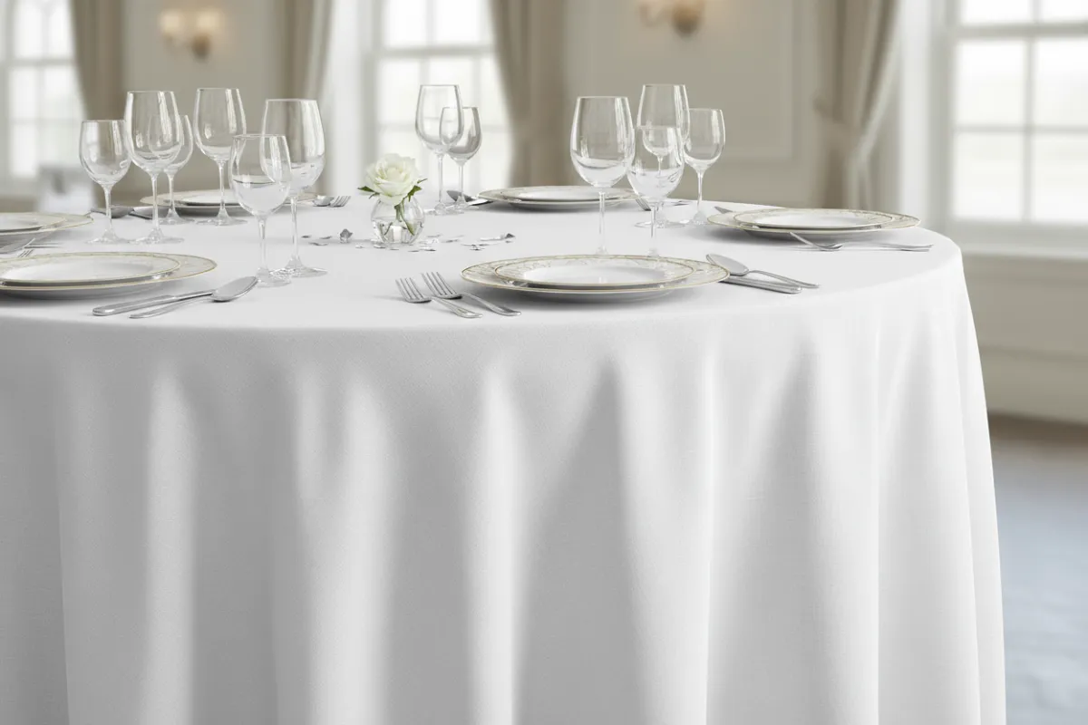 Elegant white linen tablecloth draped over a round table, set for a formal dinner