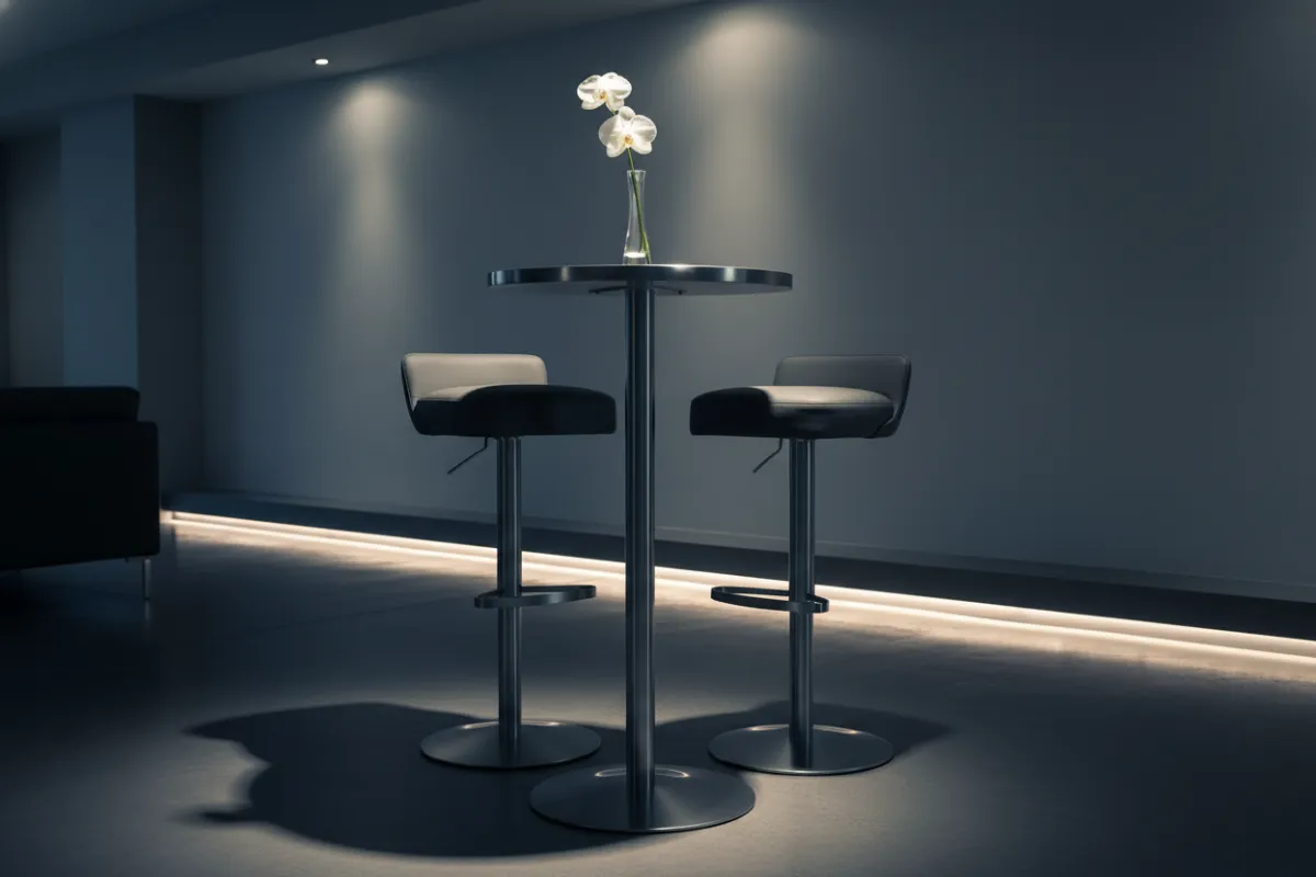 A sleek cocktail high-top table with a brushed metal base and round top, minimally decorated with a single vase, positioned in a modern lounge area.