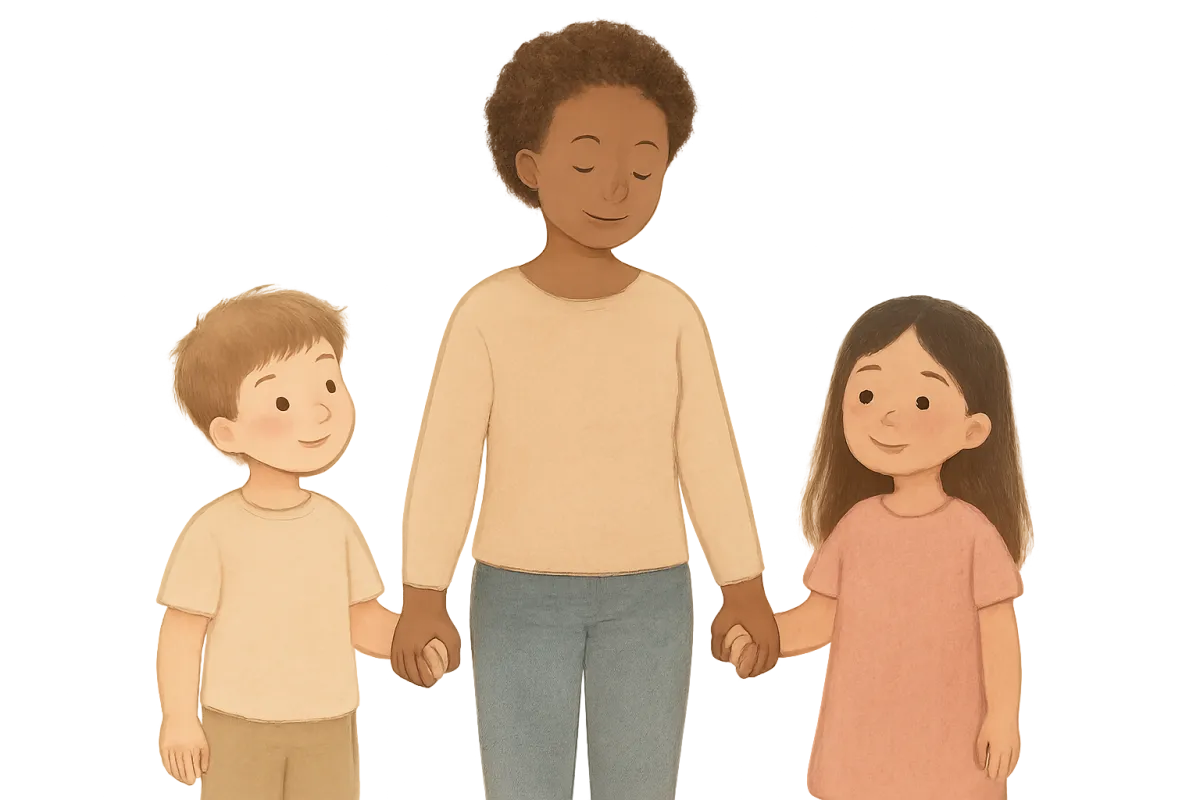 A soft digital illustration of three family members—one adult and two children of different ethnicities—standing together, holding hands, with gentle smiles. The figures are fully isolated on a transparent background, no props or scenery, emphasizing unity and warmth.