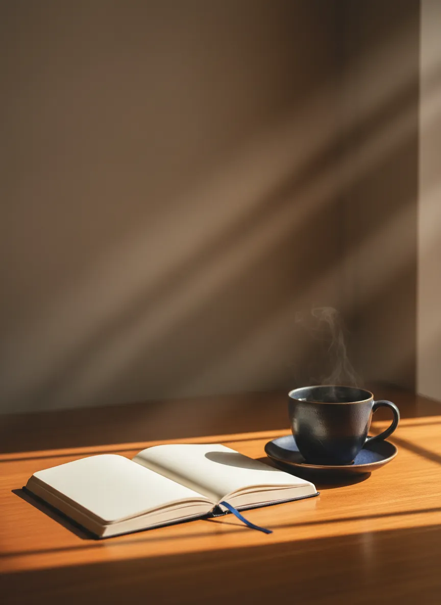 A warm, natural light lifestyle photo representing a comfortable and reassuring reading space