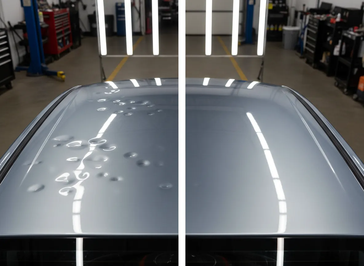 Auto hail repair technician inspecting roof panel in North Texas
