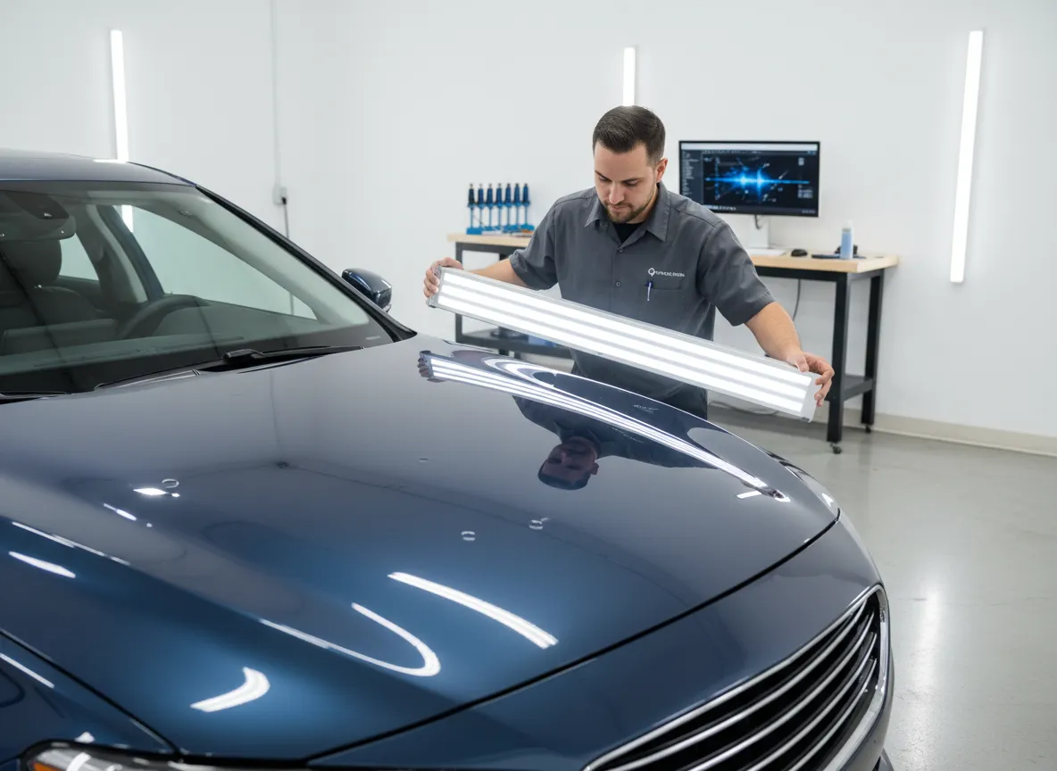Technician using professional PDR lights to inspect hail dents on a vehicle in Fort Worth