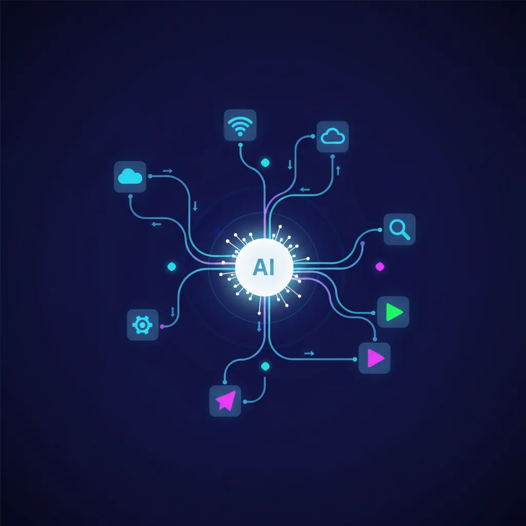 Illustration of an AI agent interacting with apps, nodes, and flow lines representing integrations and scale.