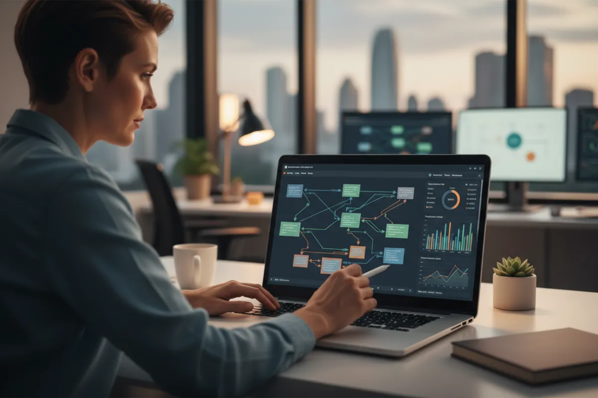 Marketing operations leader reviewing automated campaign flows and metrics on a laptop