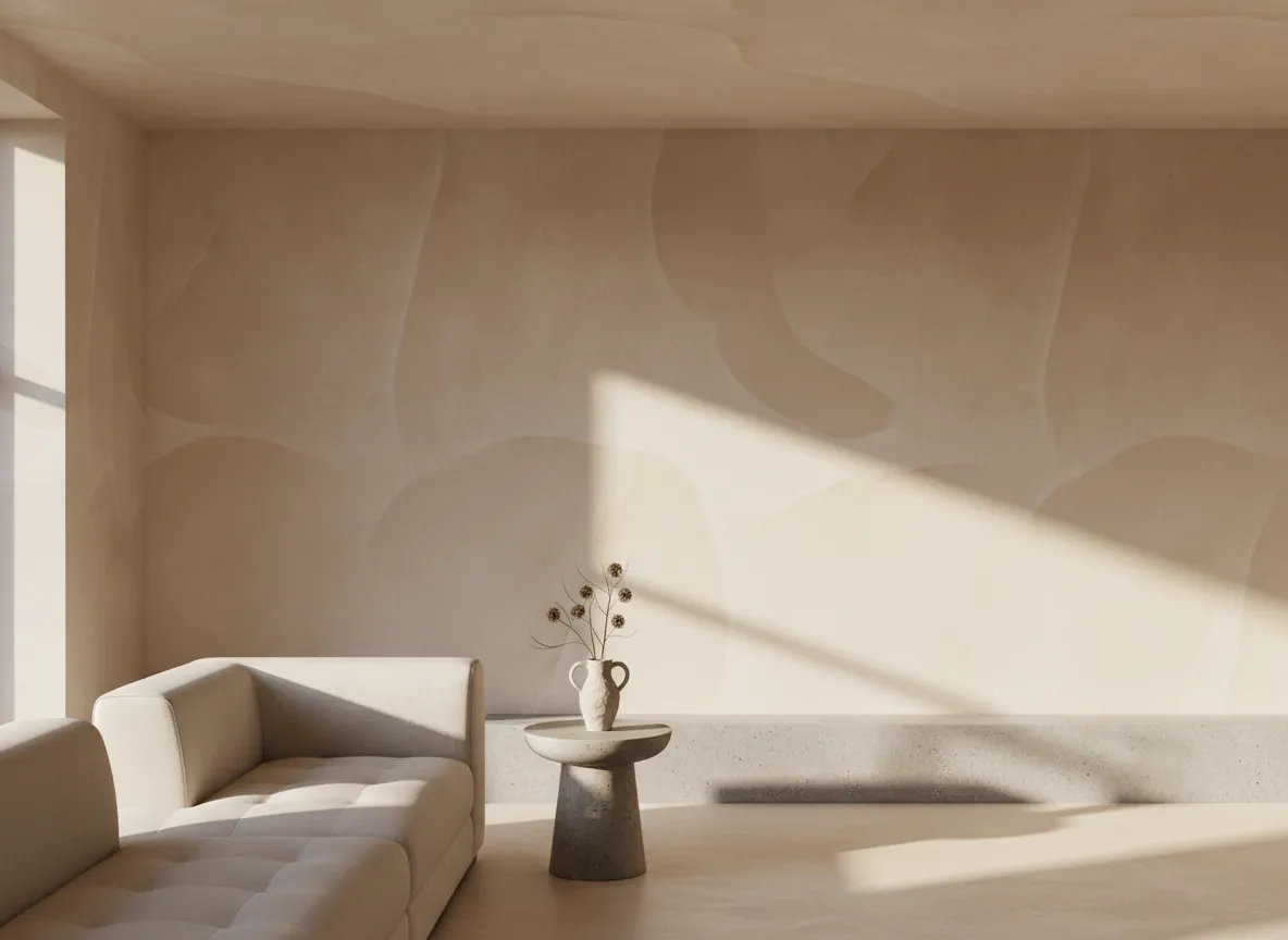 Smooth plastered interior wall with warm, soft light