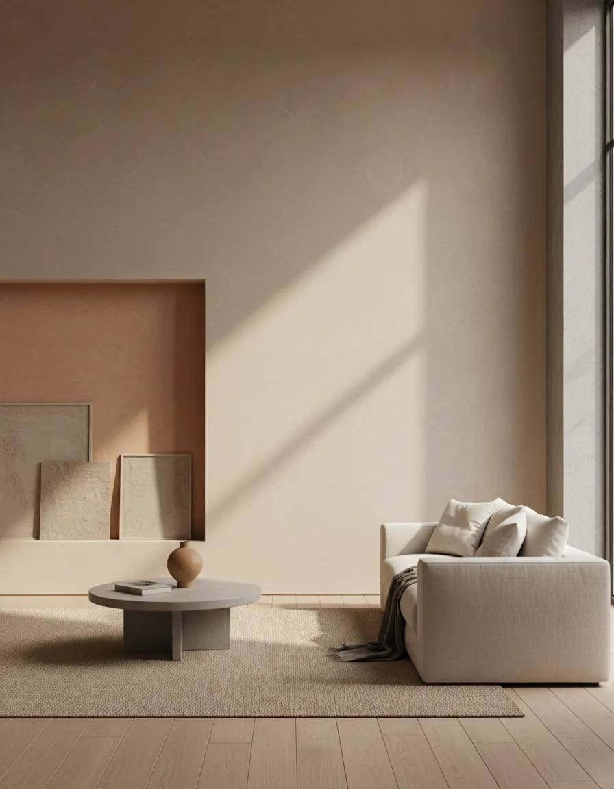 Plastered living room wall with soft neutral tones
