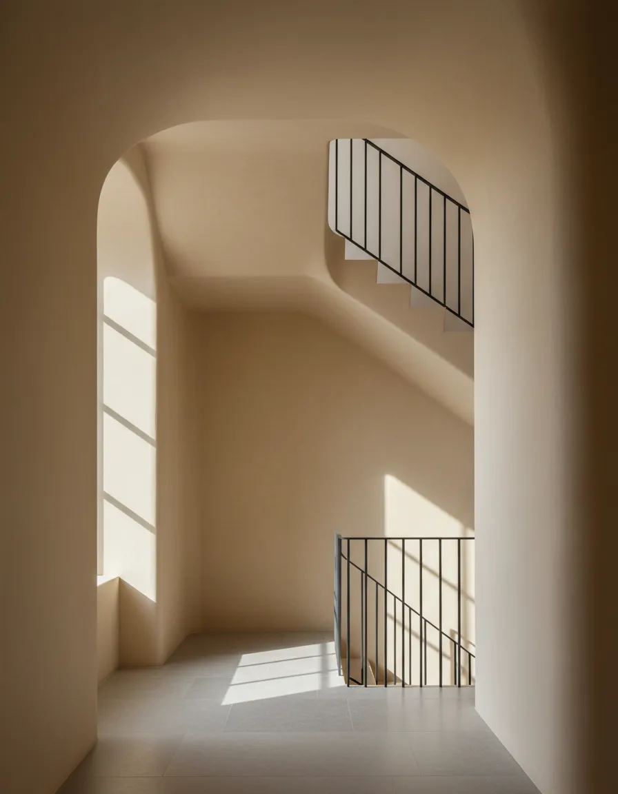 Plastered hallway and staircase with clean lines