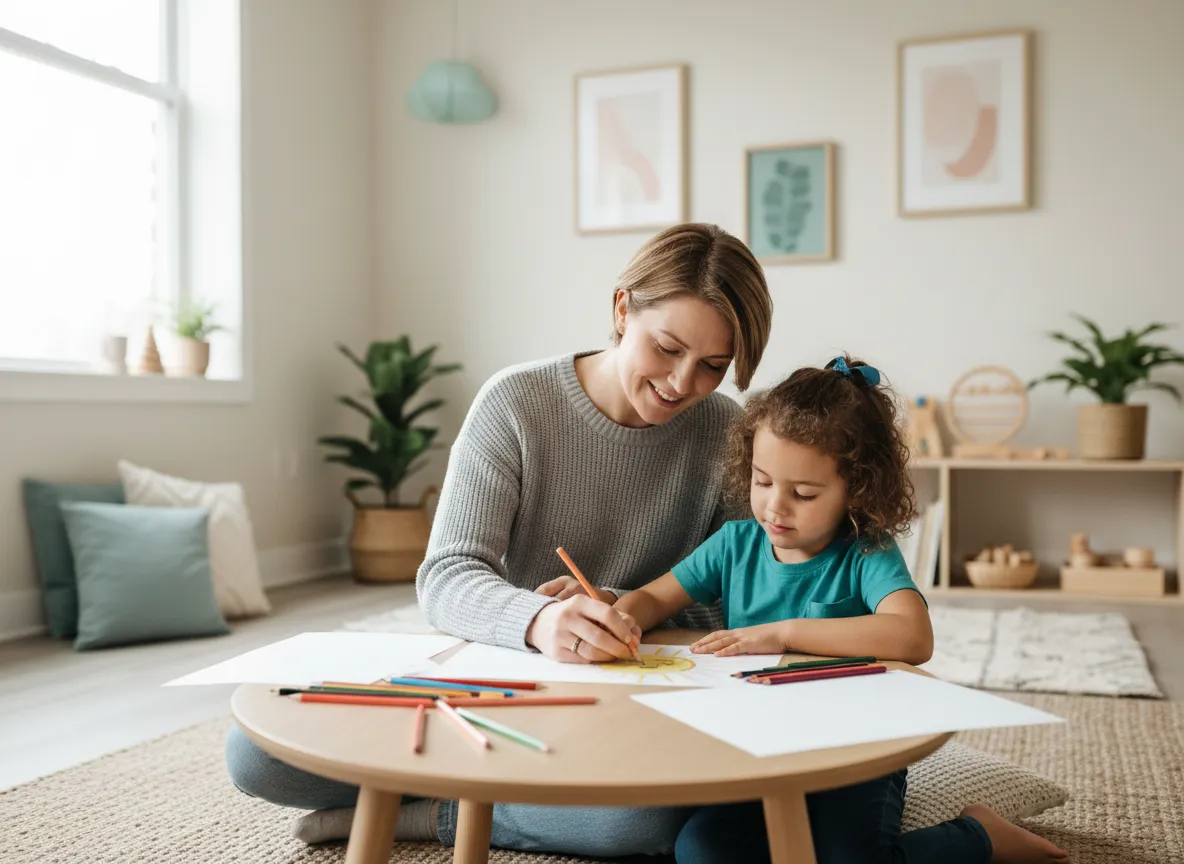 Adult and child sitting together, drawing and talking in a calm space