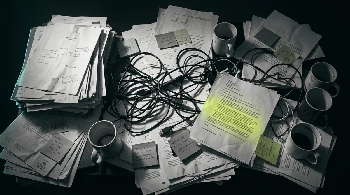 Chaotic desk covered in unorganized paperwork, unread emails, and sticky notes illustrating manual business operations