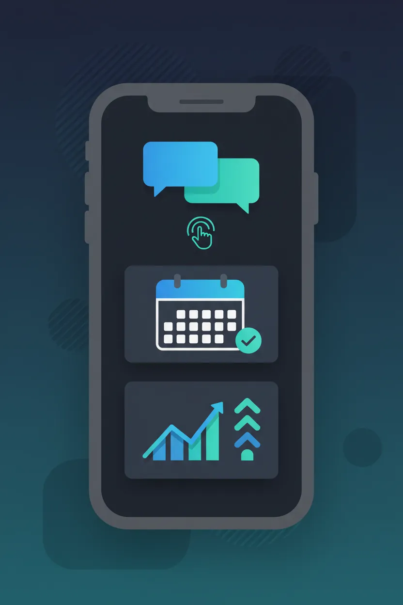 Portrait illustration of a smartphone showing incoming messages, calendar booking, and analytics icons with blue (#2563EB) and green (#059669) accents in a clean flat modern style