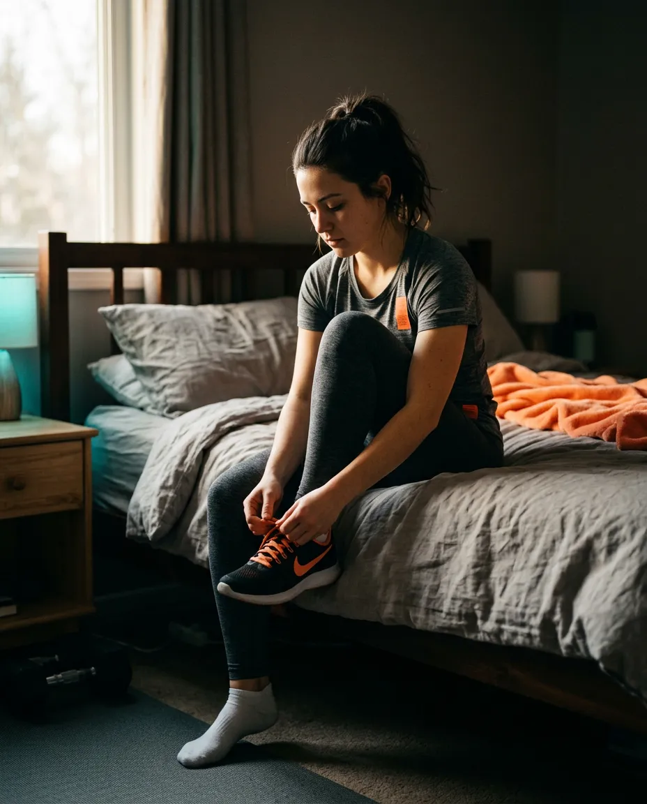 Personne assise hésitant avant de démarrer son entraînement sportif