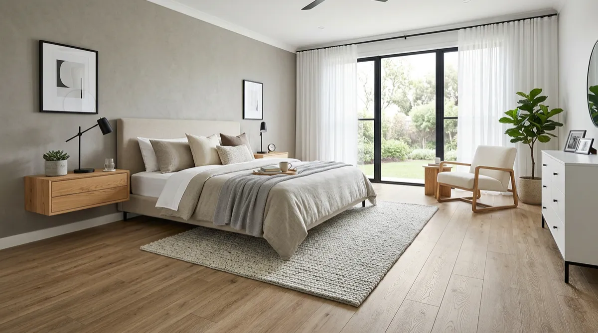 Spacious master bedroom with a large bed, featuring coastal gray oak LVP flooring in Byron, GA
