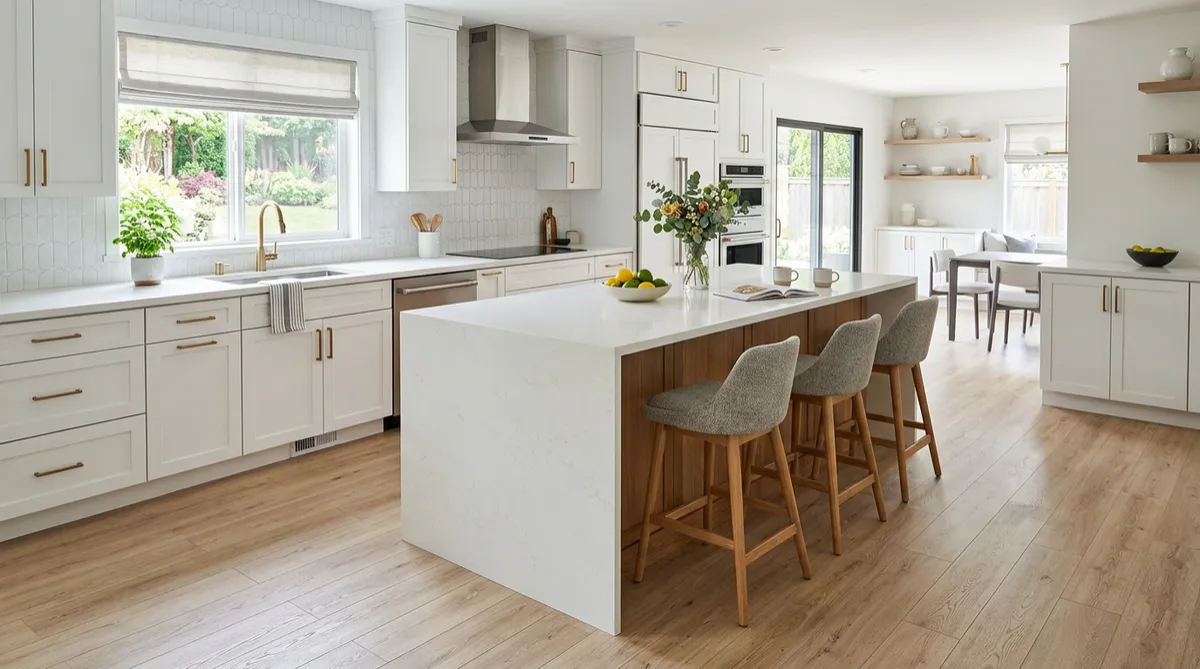 Bright modern kitchen and dining area with newly installed light wood-look vinyl plank flooring in Warner Robins, GA