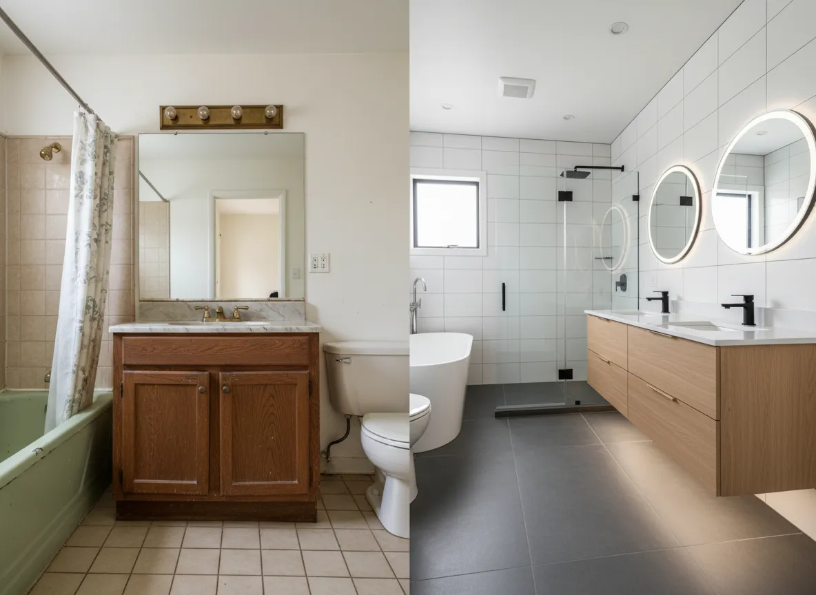 Before and after comparison of a full bathroom gut and rebuild