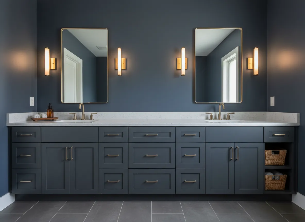 Double vanity with framed mirrors and modern fixtures