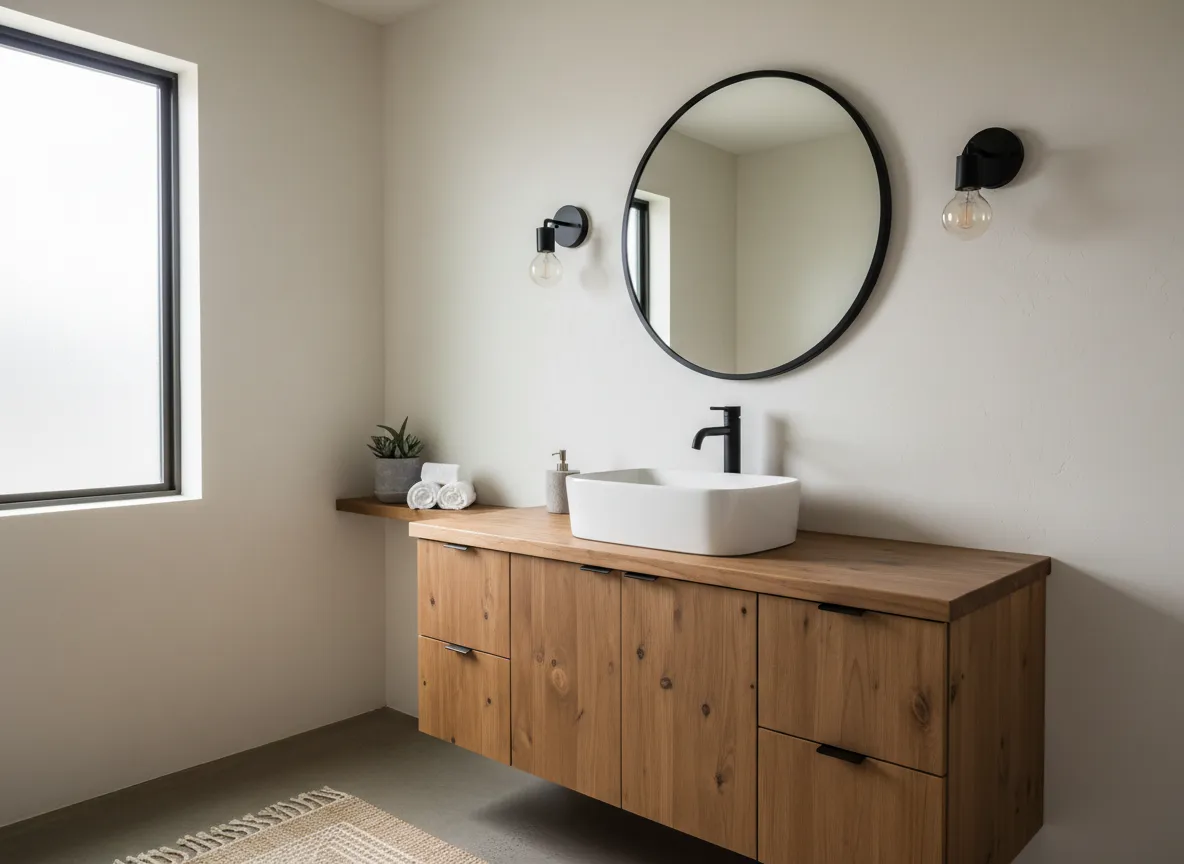 Modern farmhouse bathroom with wood accents and vessel sink