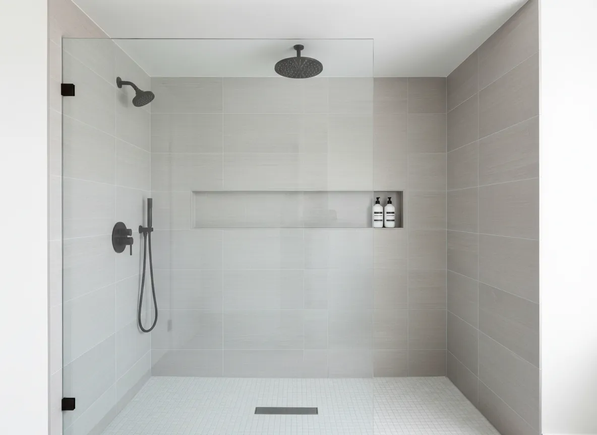 Walk-in tiled shower with glass enclosure and rain showerhead
