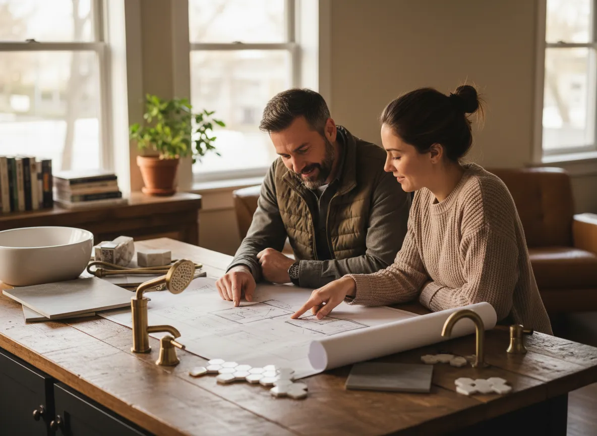 Remodeling professional reviewing bathroom plans with a homeowner