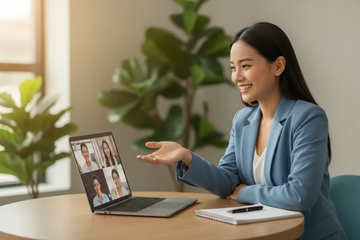 A friendly business consultant sits at a round table with a laptop and notepad, smiling as they engage in a video call. The background is softly blurred, with hints of greenery and warm lighting, creating an inviting, professional, and accessible atmosphere.