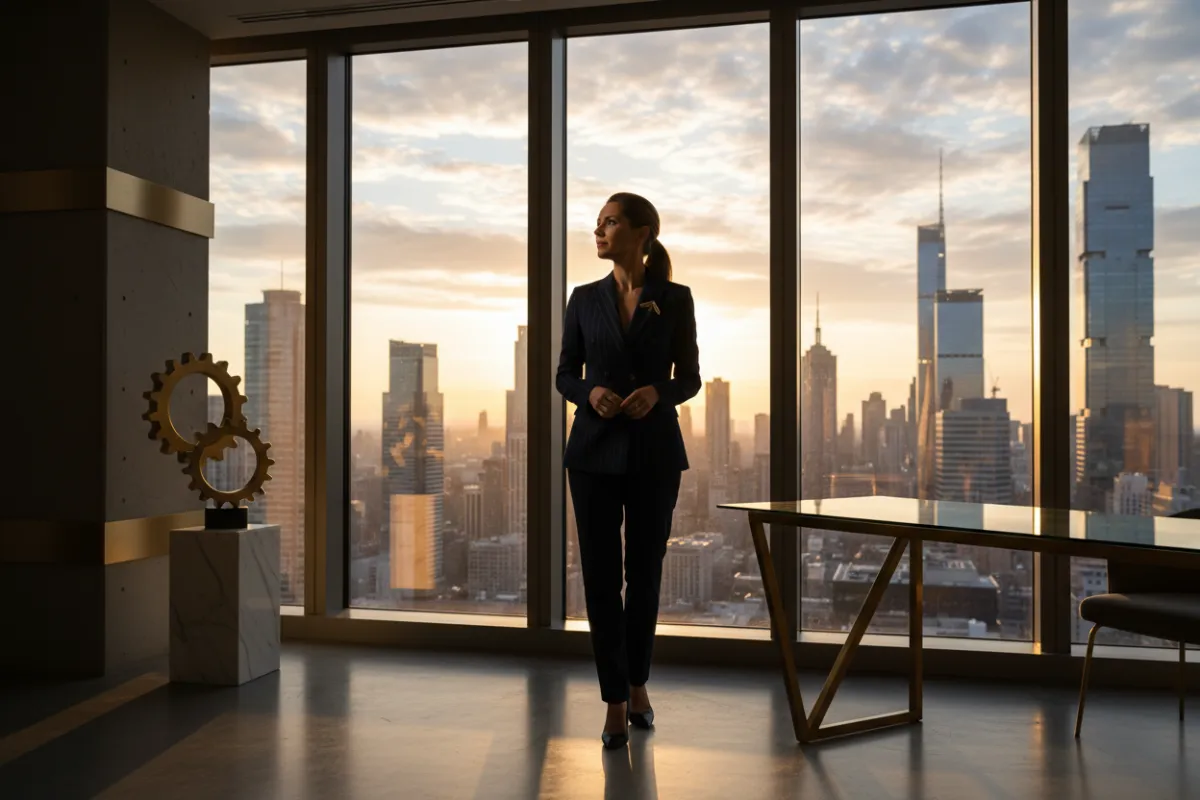 A motivated small business owner stands at a large window, gazing out over a city skyline at sunrise. The office is modern with gold accents, and the subject’s posture conveys confidence and anticipation, symbolizing new beginnings and business growth.
