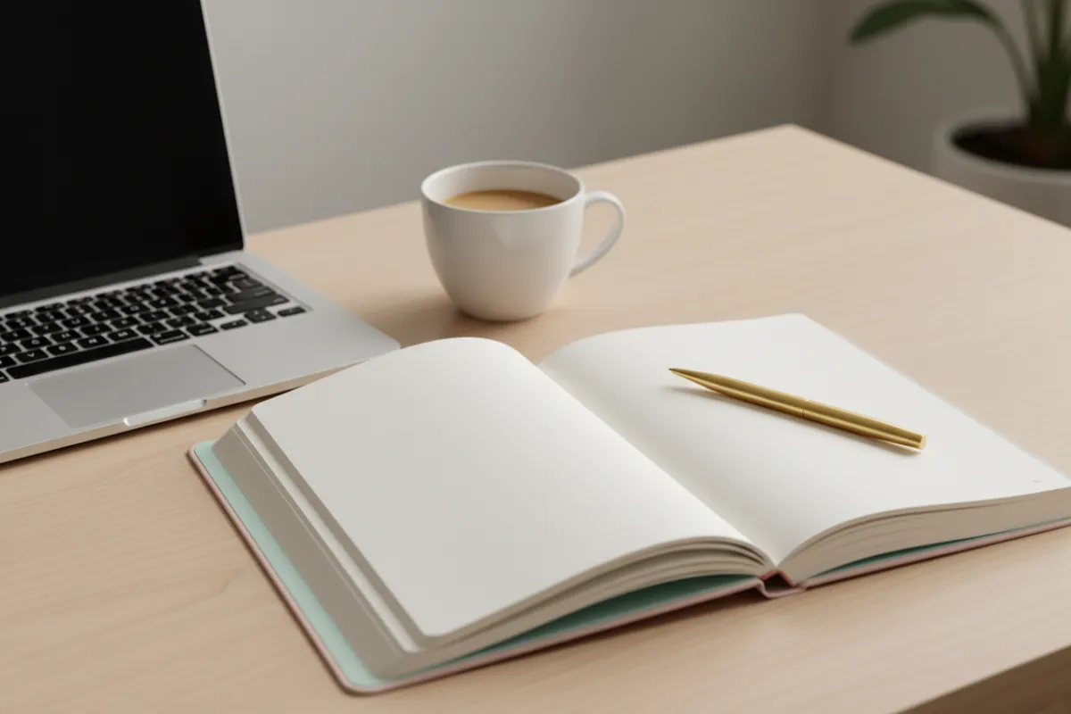 A close-up of a business course workbook, open on a desk with a gold pen, a laptop, and a cup of coffee nearby. The scene is bright, organized, and features soft pastel tones, evoking a sense of clarity, focus, and premium quality.