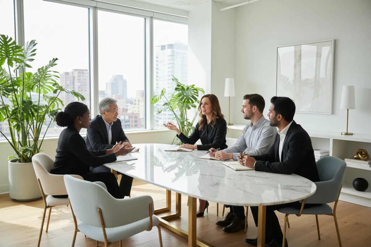 A diverse group of small business owners in a bright, modern workspace, gathered around a sleek table, engaged in an animated discussion with a professional coach. The setting features soft natural light, minimalist decor, and subtle gold accents, conveying a premium, welcoming atmosphere.
