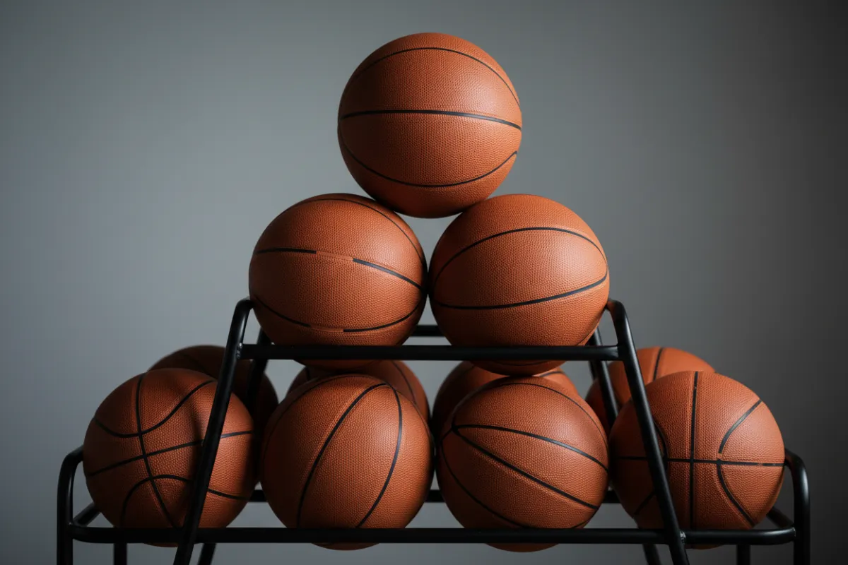 Close-up rack of basketballs, textured details, no people