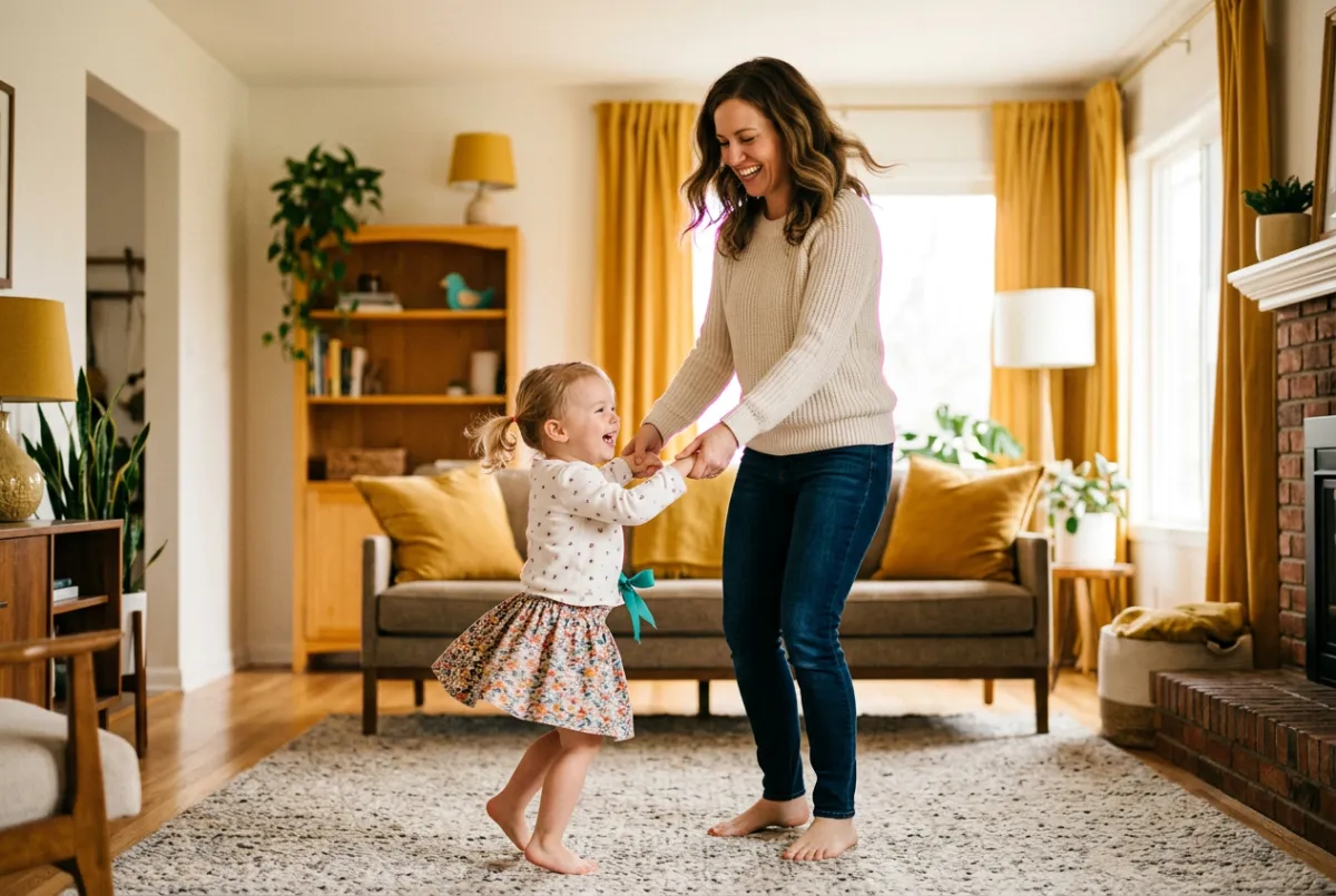 Toddler girl joyfully dancing with ribbons in a bright family living room