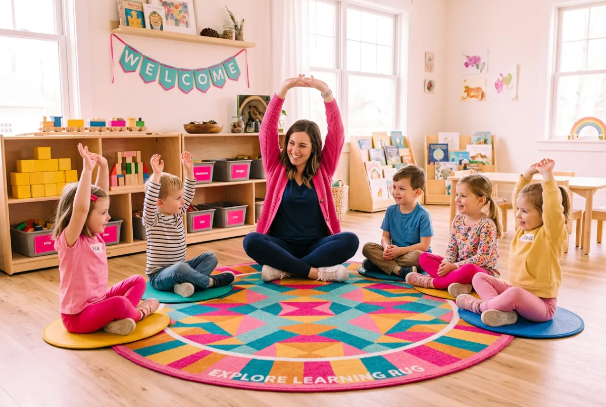 Preschool teacher smiling with young children during circle time movement class