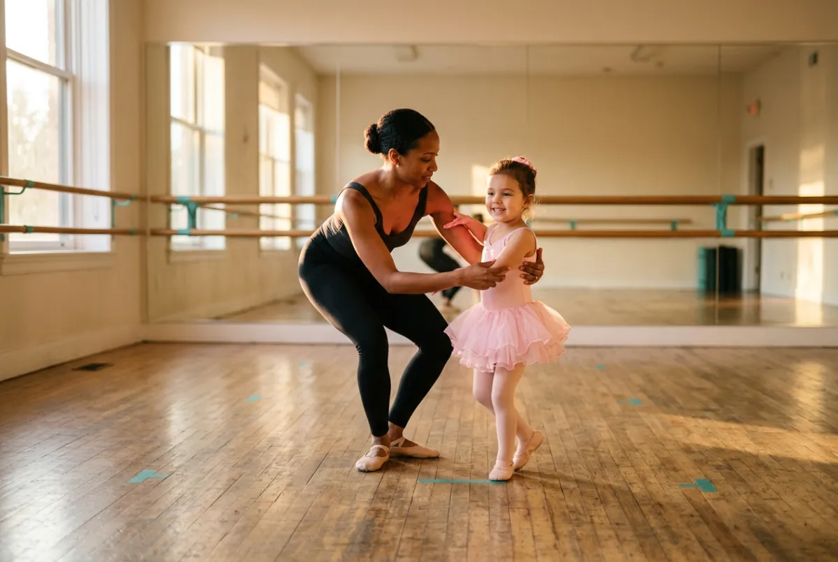 Little ballerinas in pink tutus practicing arm positions at a dance studio barre