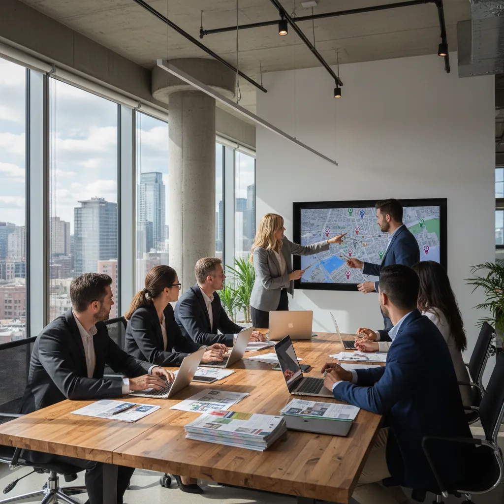 A diverse team of real estate professionals gathered around a table, reviewing property listings and discussing strategies in a modern office with natural light and city views.