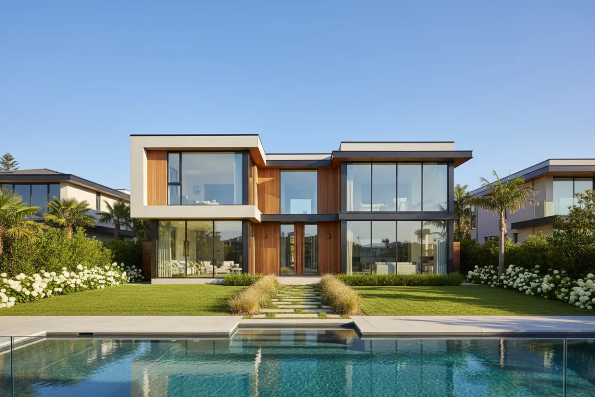 A contemporary two-story home with large windows, surrounded by lush landscaping and a clear blue sky, representing a desirable property in a suburban neighborhood. The image is bright, inviting, and aspirational.