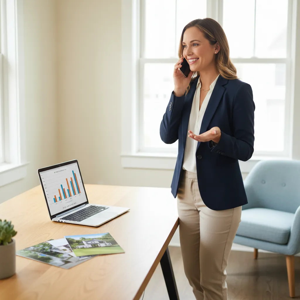 A friendly real estate agent smiling while talking on the phone in a bright, welcoming office, with a laptop and property brochures on the desk.
