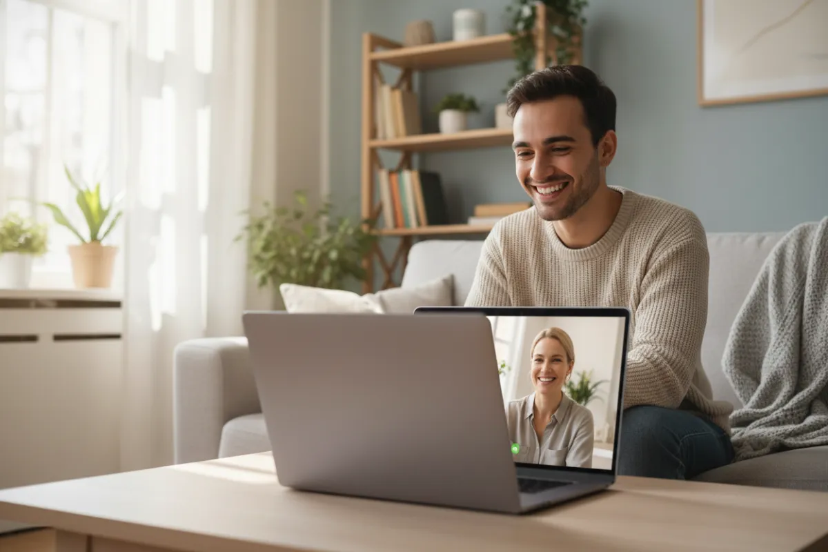Paciente joven en videollamada con especialista, ambos sonrientes, ambiente hogareño y pantalla de laptop visible, transmitiendo accesibilidad y calidez