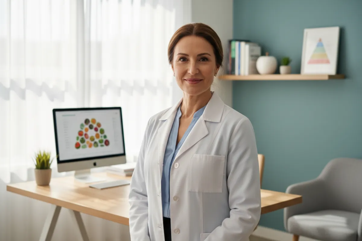 Nutricionista clínica de mediana edad, cabello castaño recogido, con bata blanca, sonriendo en un consultorio moderno y ordenado, transmitiendo confianza y profesionalismo