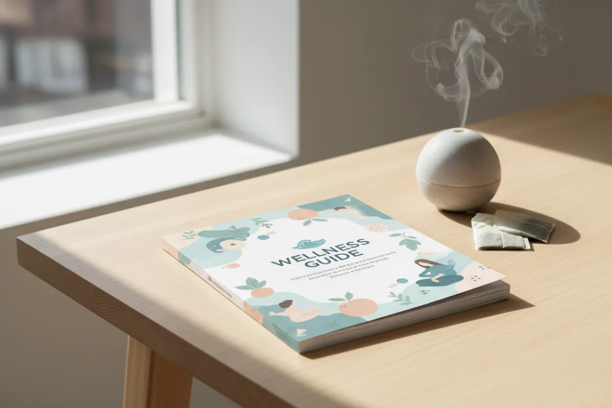 Guía de bienestar impresa sobre mesa de madera clara, portada con ilustraciones de salud, luz natural, ambiente ordenado y profesional, sin personas