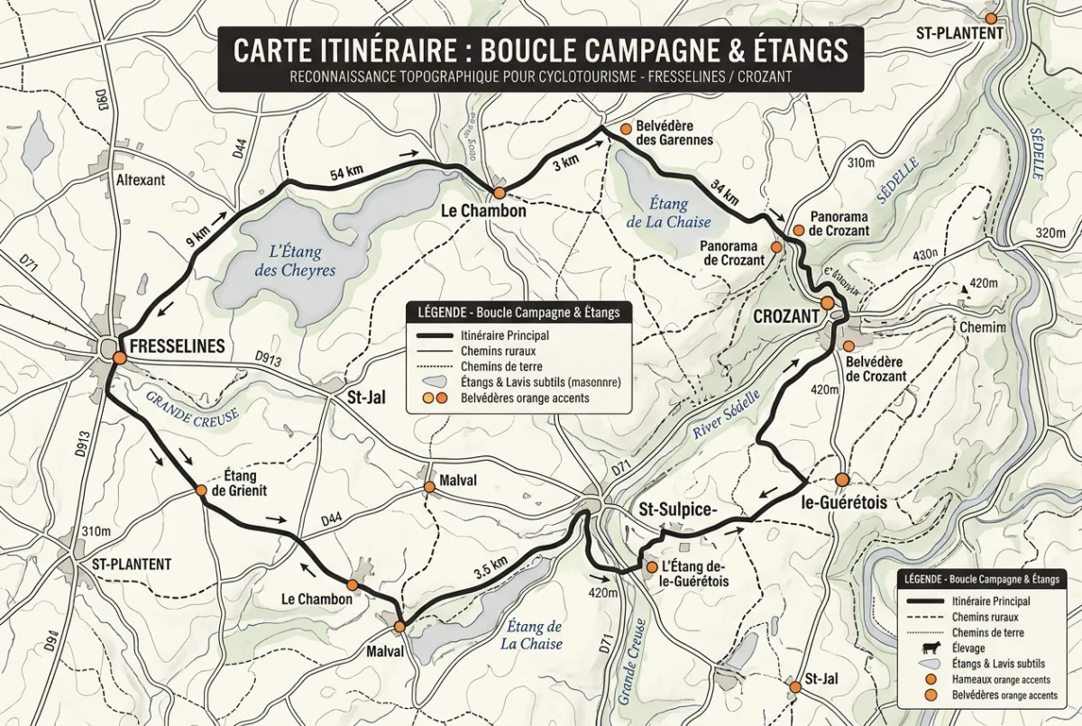 Carte de l'itinéraire campagne et étangs vers Fresselines et Crozant