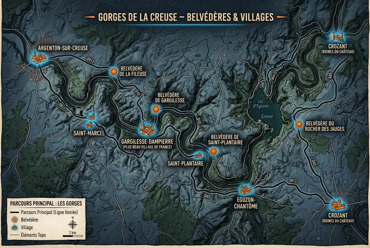 Carte du parcours des Gorges de la Creuse avec dénivelé et belvédères