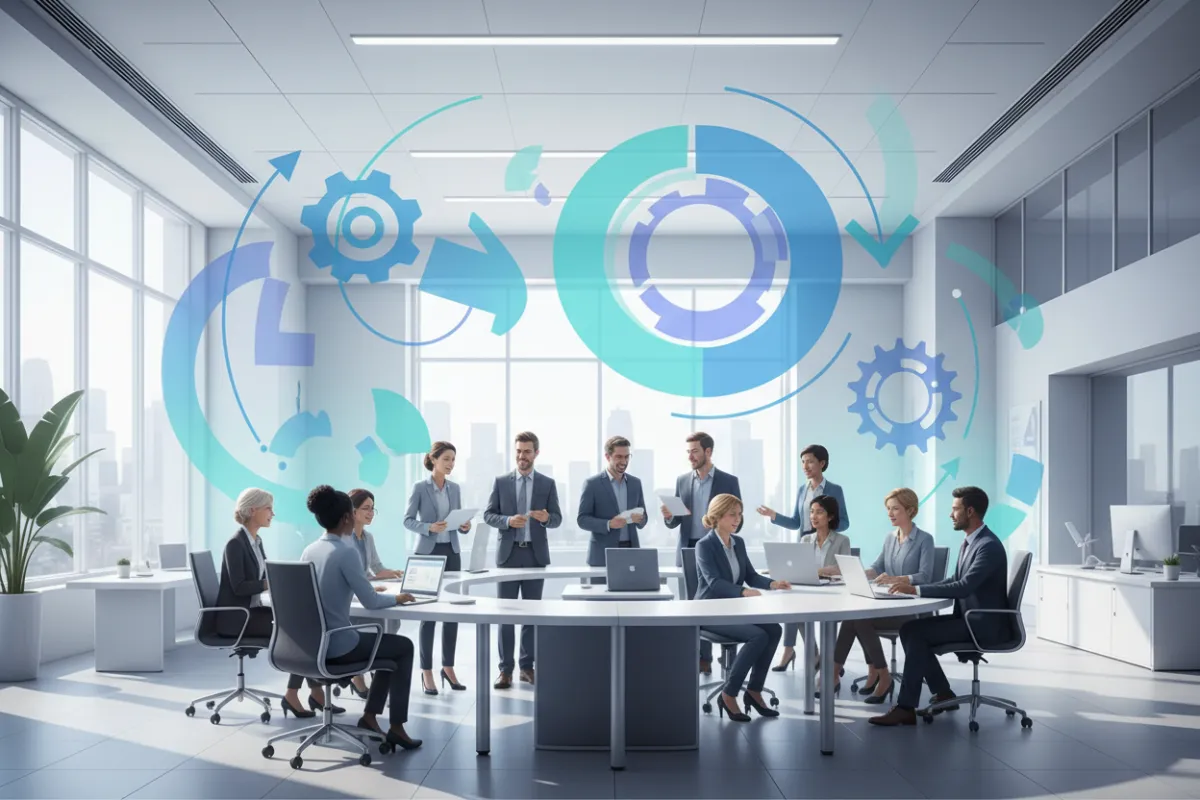 A modern illustrated eBook cover showing diverse professionals collaborating in a bright, open office, with abstract shapes symbolizing transformation and inclusivity. The design uses blue and teal gradients, with clean, bold typography.