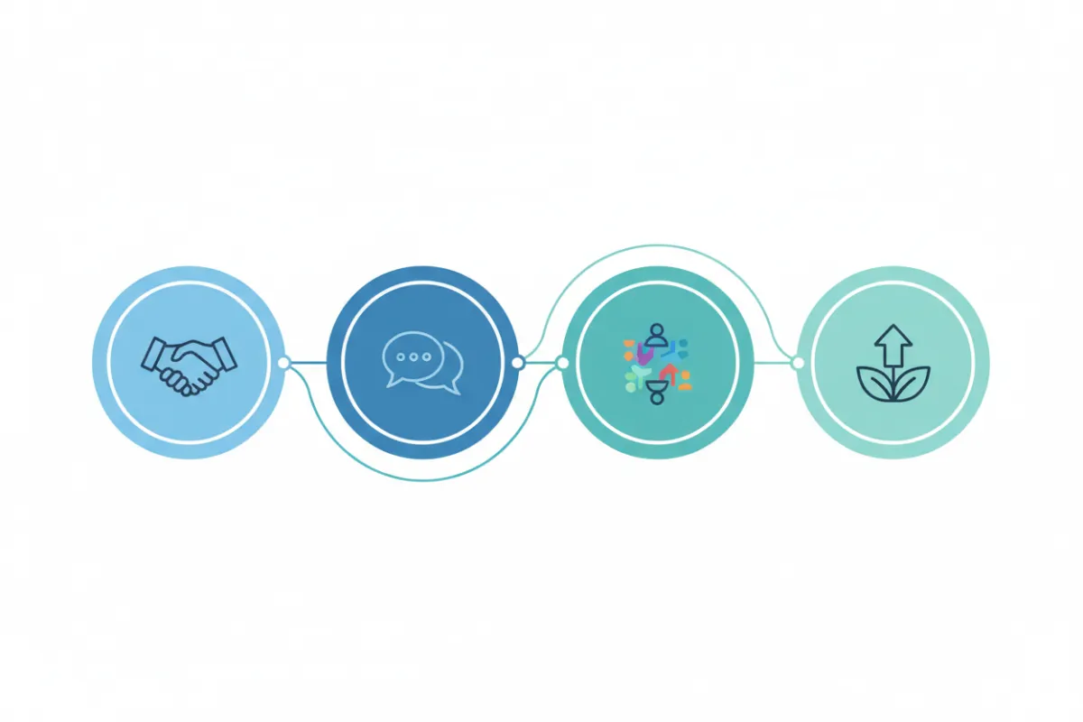 A clean, vector-style diagram showing interconnected circles labeled with key culture pillars: trust, communication, inclusion, and growth. The diagram uses blue and teal tones, with subtle gradients and minimalist icons.