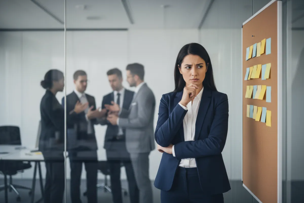 A photo of a thoughtful professional woman in business attire, standing in a glass-walled office, looking at sticky notes on a board. The background shows a blurred team in discussion, symbolizing hidden workplace challenges.