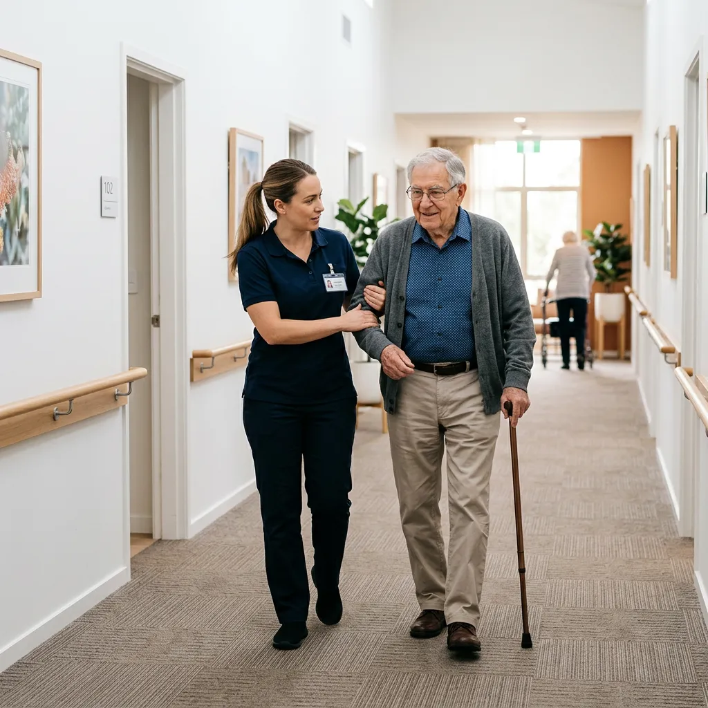 A woman helping a senior man walk in a hallway