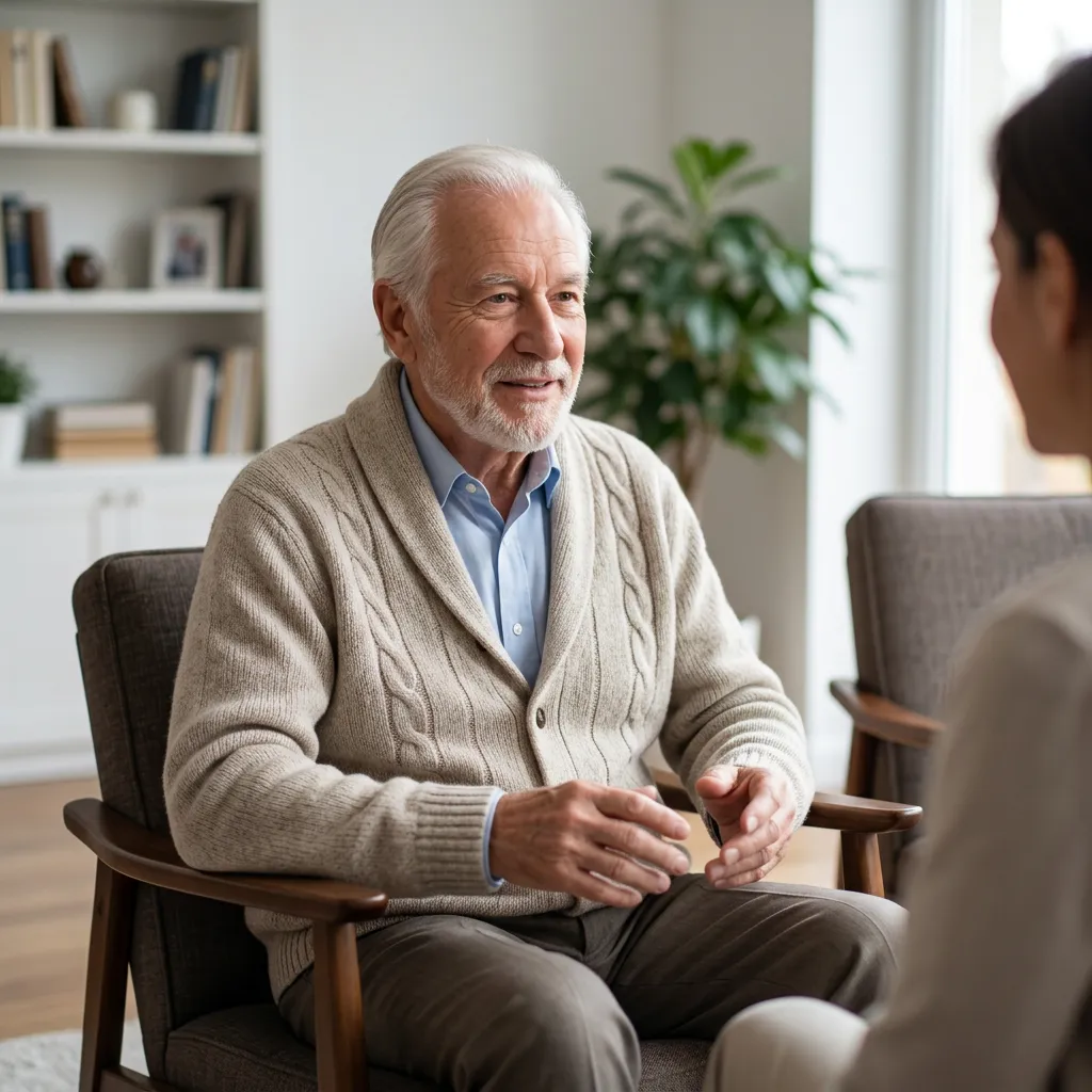 Elderly man interacting with someone off-camera