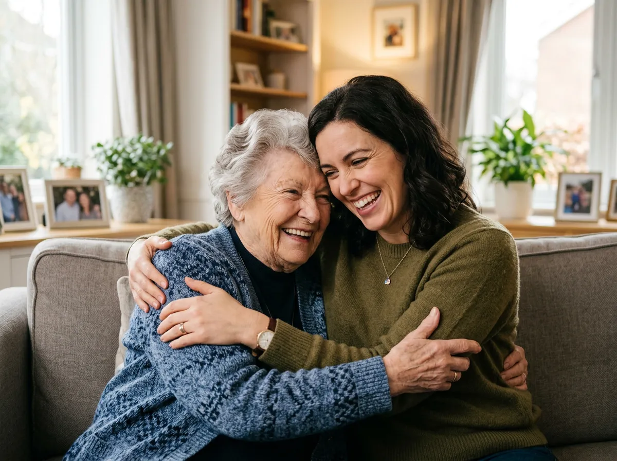 Elderly woman hugging a younger woman, both smiling broadly