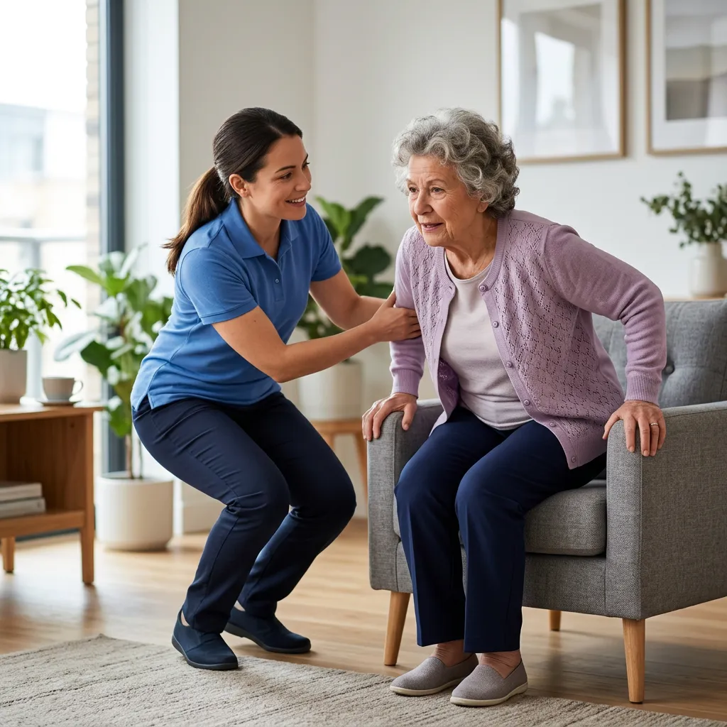 Caregiver assisting a senior woman to stand up
