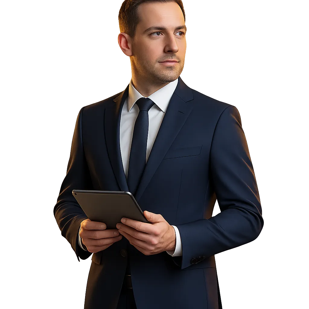A confident real estate agent in a navy suit representing a highly productive pipeline.