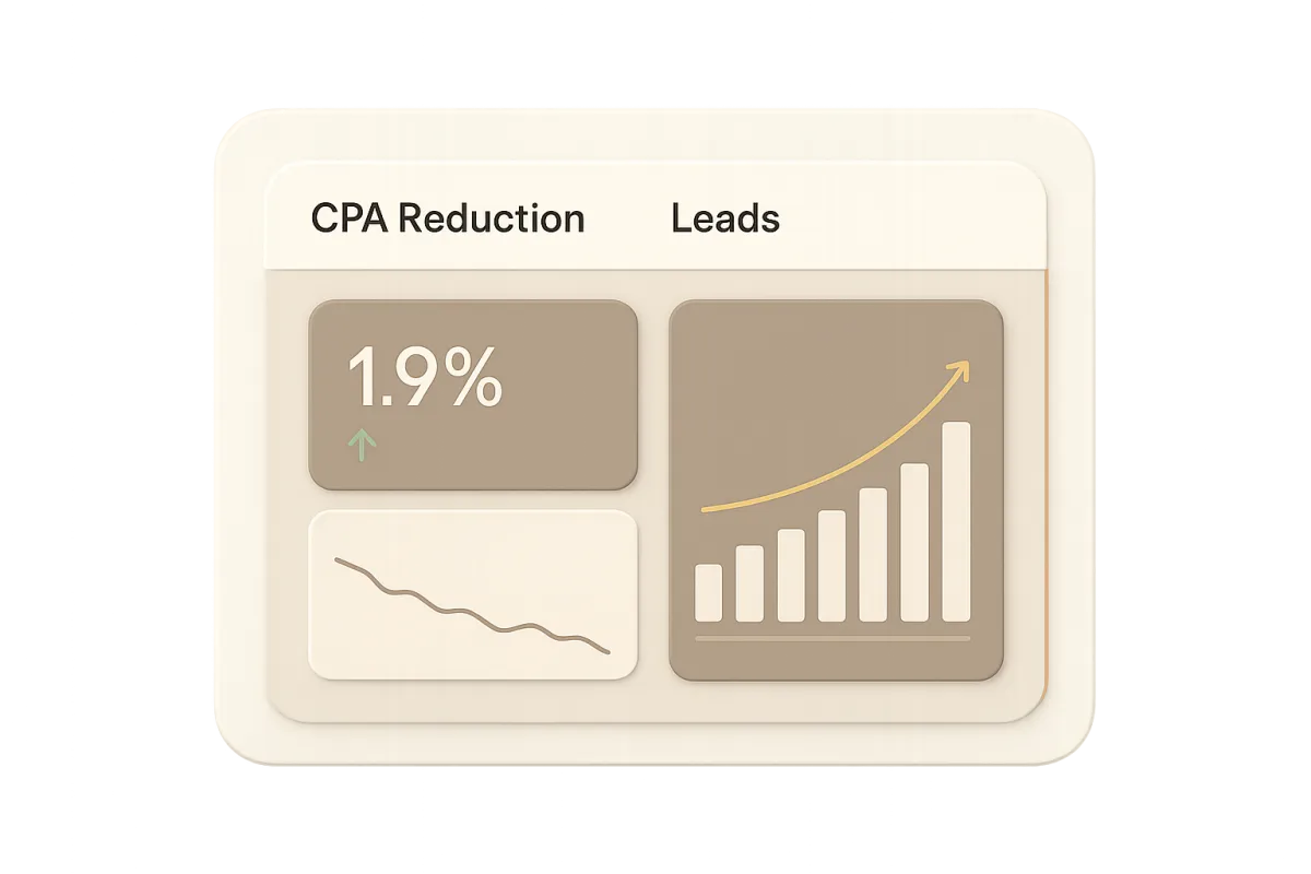 Enterprise Marketing Dashboard showing CPA reduction and lead growth