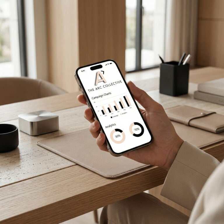 Person holding a phone displaying a mobile site