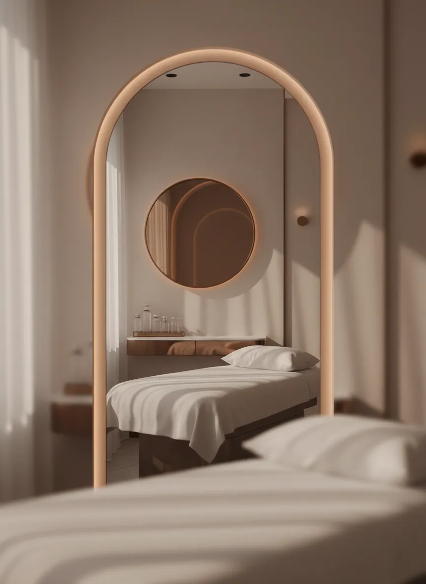 Serene med spa treatment room, warm lighting and desaturated editorial tones